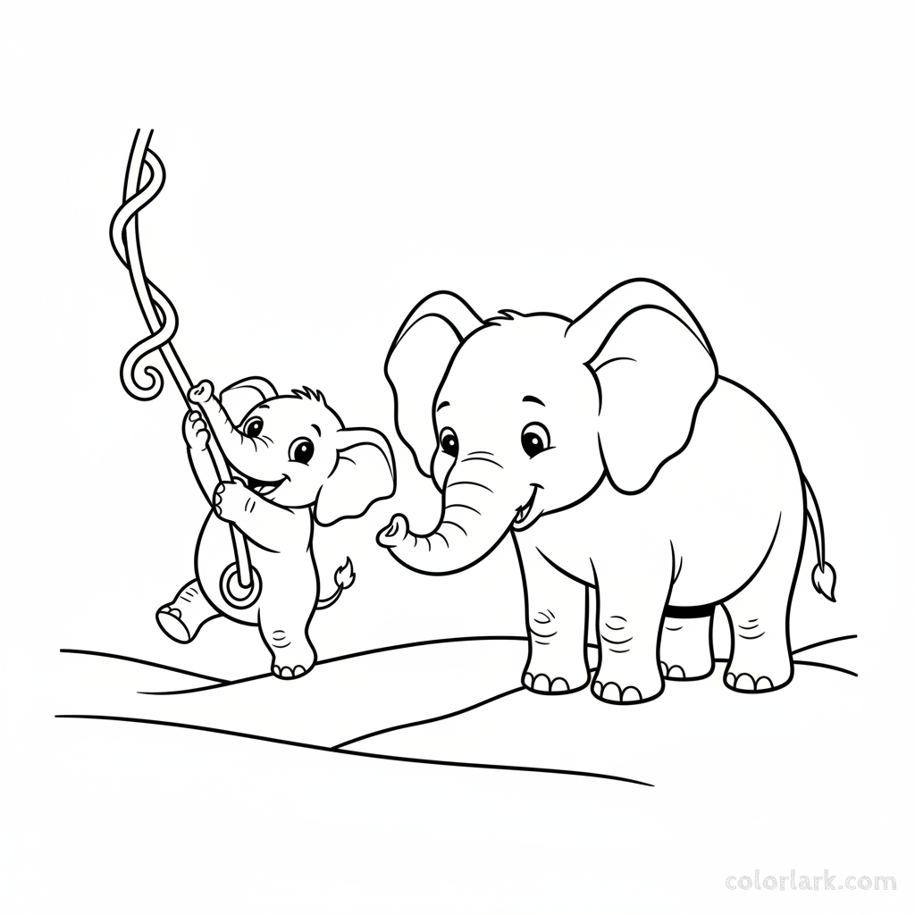 Baby elephant tugging vine, mother watching coloring page