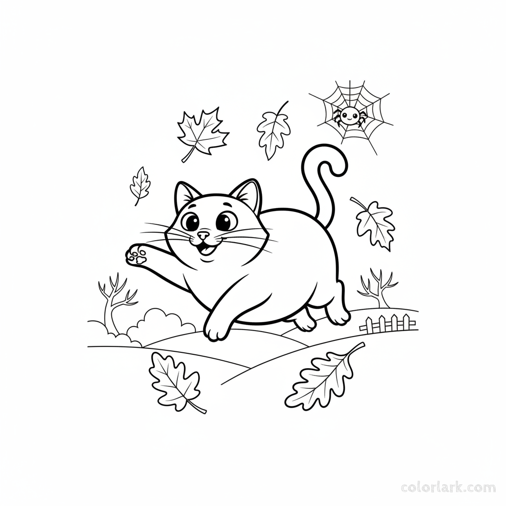 Black and white line art of a playful black cat chasing falling autumn leaves, with a cute spiderweb, Halloween coloring page.