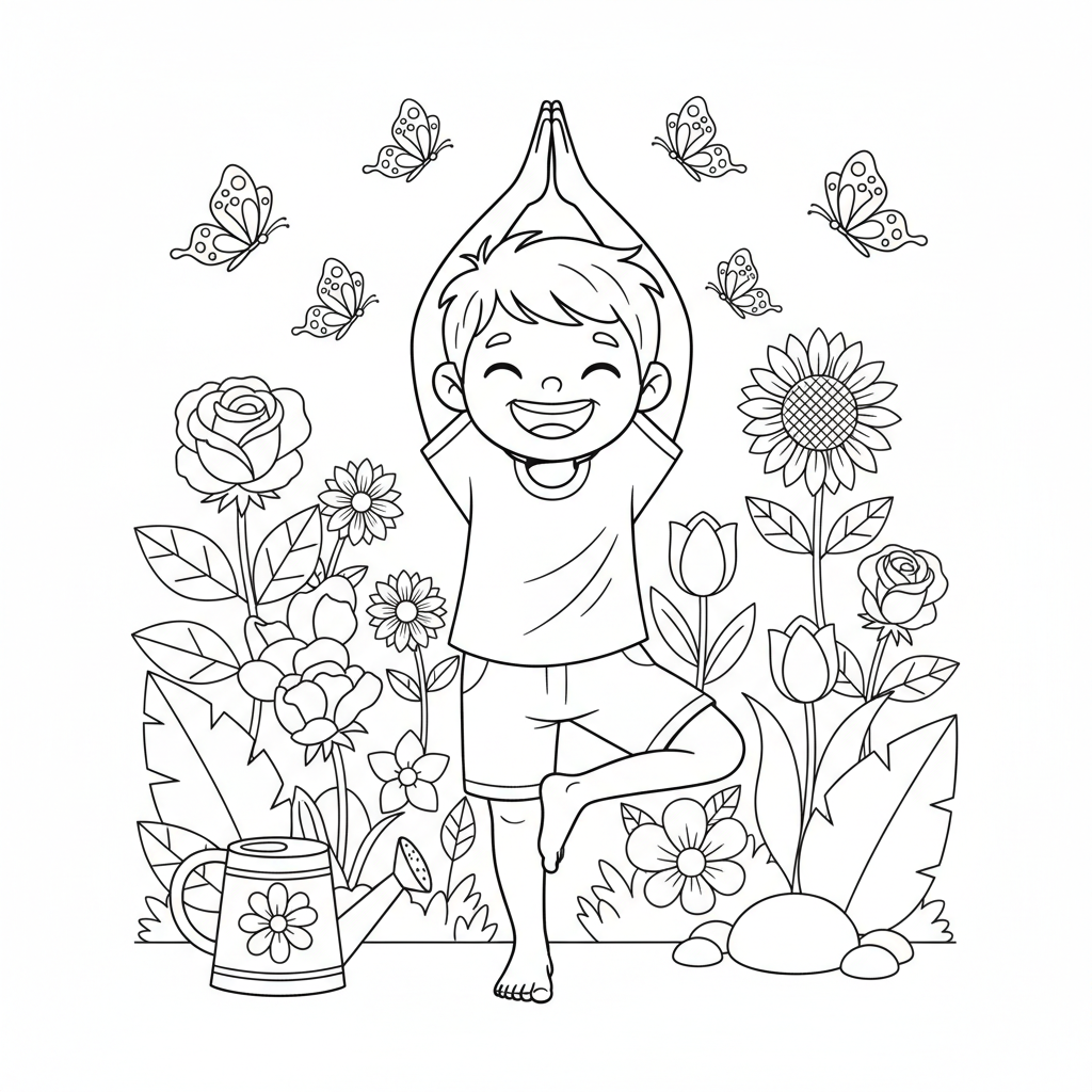 Line art of a playful boy in tree pose yoga with a watering can outline in a butterfly garden