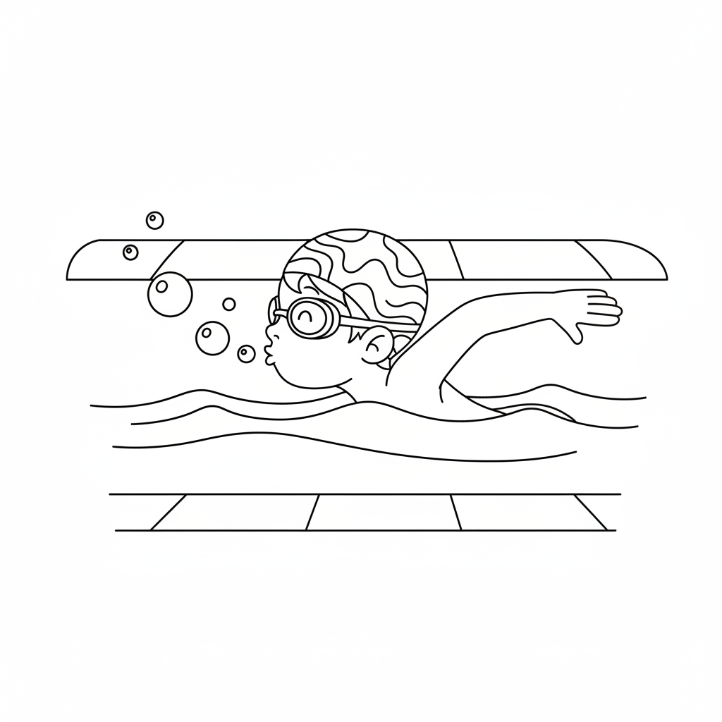Black and white line art of a playful child blowing bubbles while swimming freestyle in a pool, wearing a swim cap and goggles.
