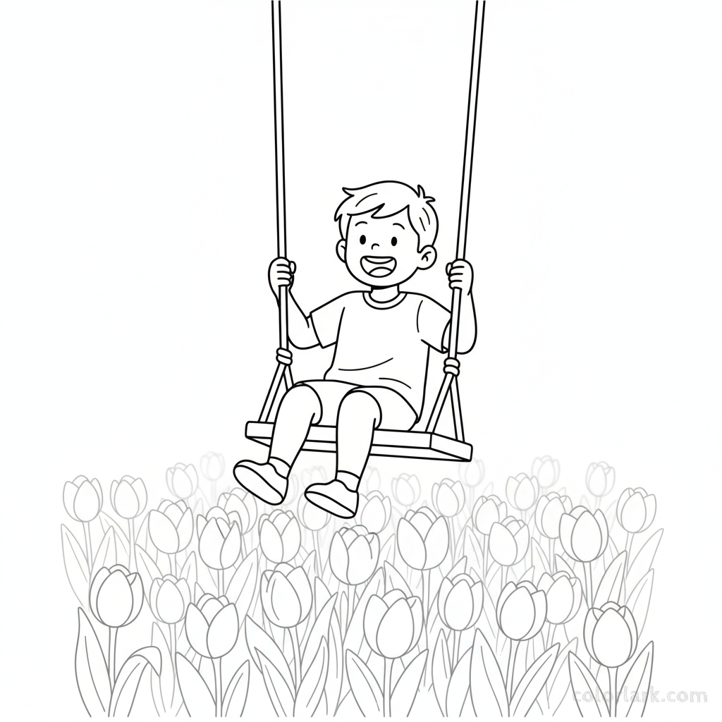 Line art illustration of a child on a swing with blooming tulips in the background