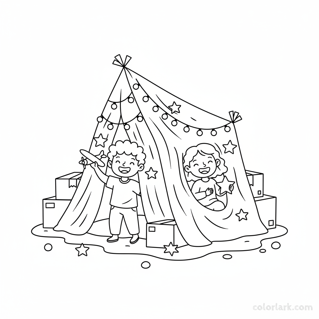 Playful children inside a festive fort adorned with Diwali decorations, peeking out and smiling, black-and-white line art