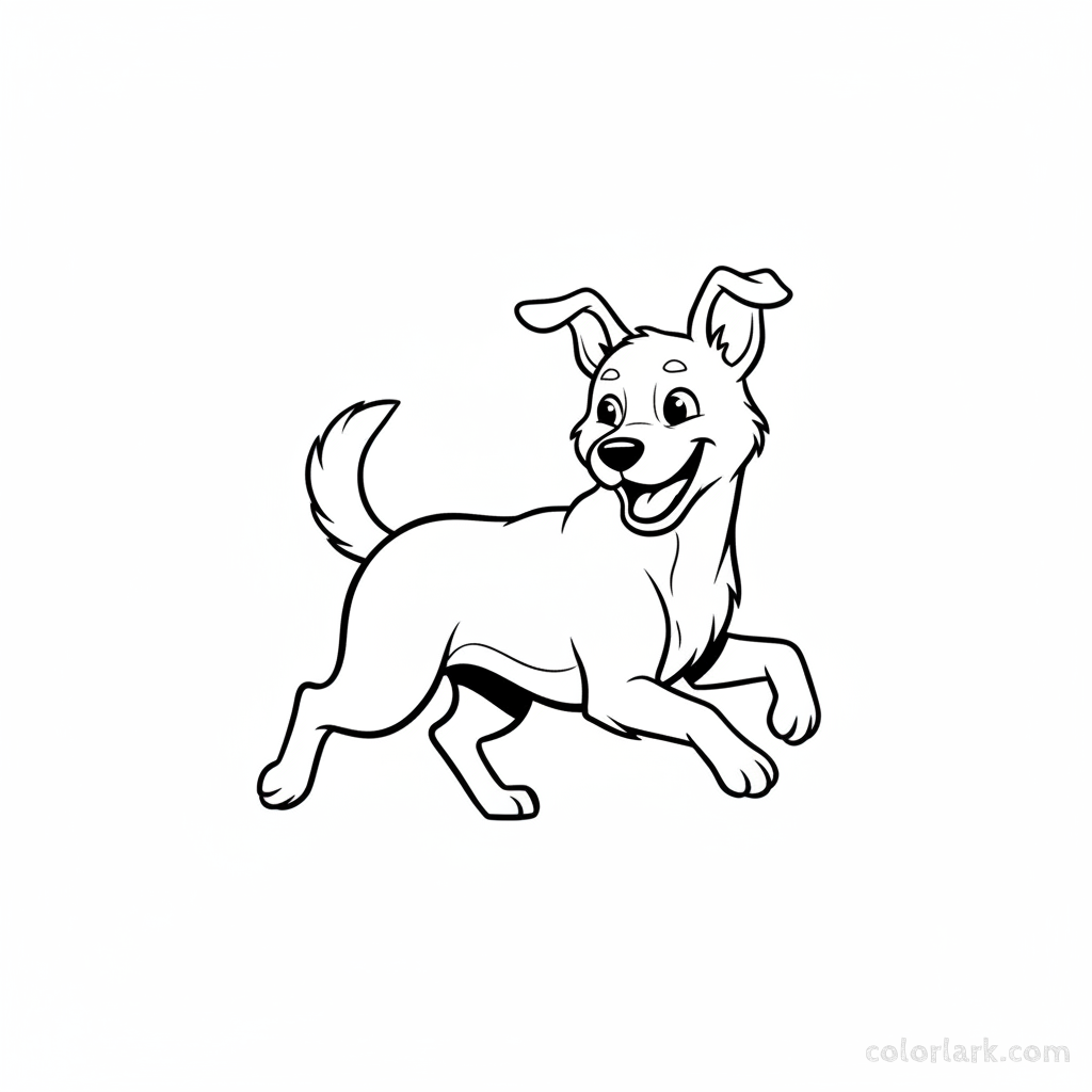 Black and white line art drawing of a playful dog running and looking back as if to say 'catch me', an easy coloring sheet for Indian preschoolers.