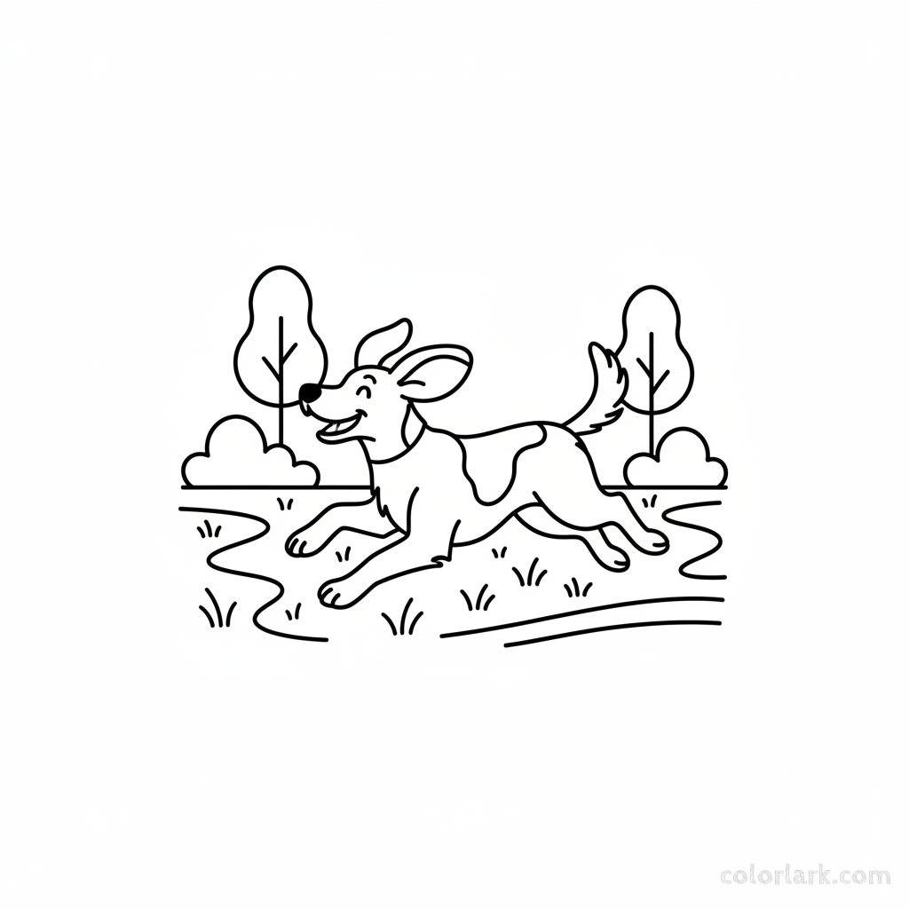 A black and white line art drawing of a playful dog running in a zigzag pattern in a park, suitable for coloring by Indian kids.