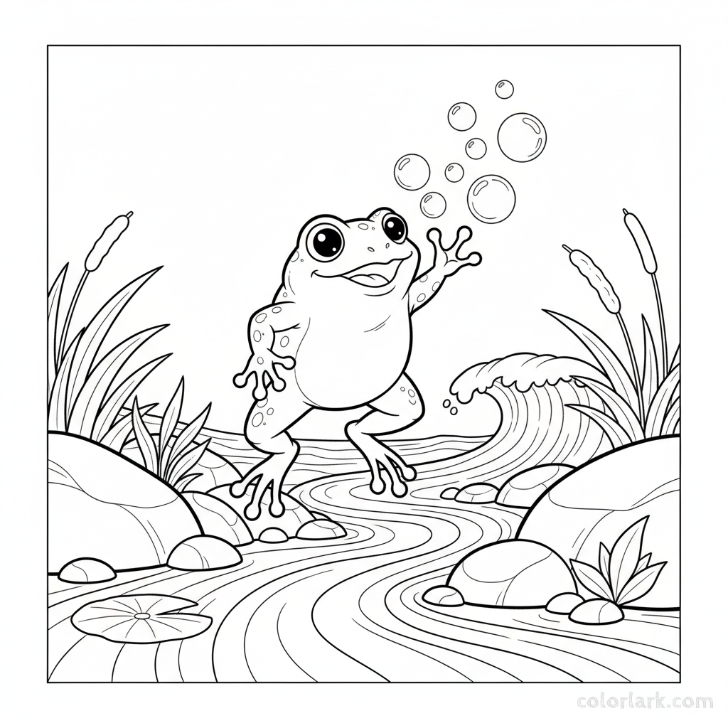 Line art of a playful frog chasing bubbles in a coastal stream.