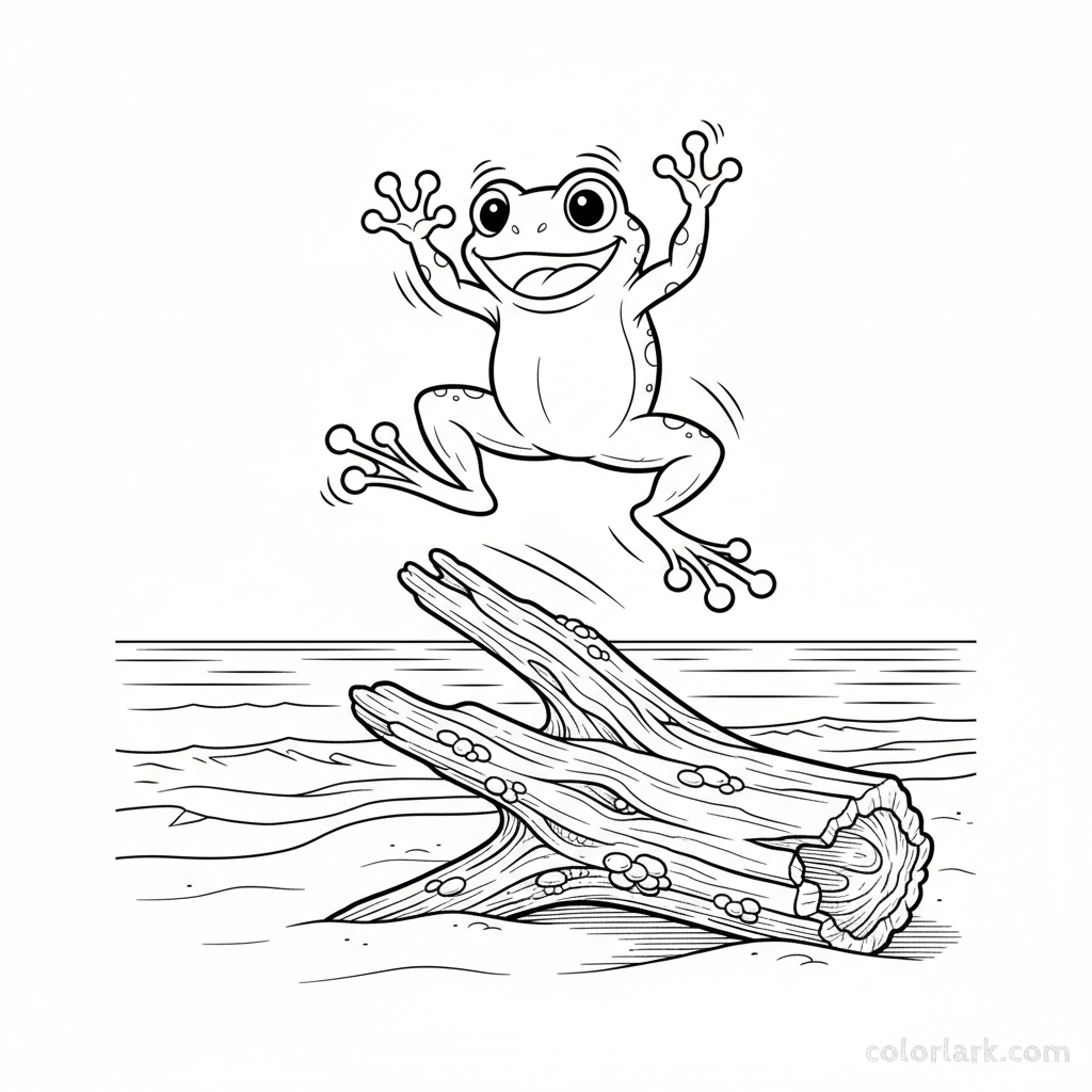 Line art of a playful frog hopping on a piece of washed-up driftwood on a beach.
