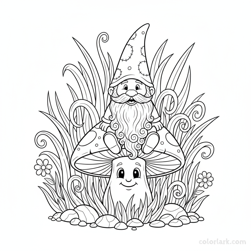 Black and white line art of a happy garden gnome sitting on the cap of a very large mushroom in a garden scene, for coloring.