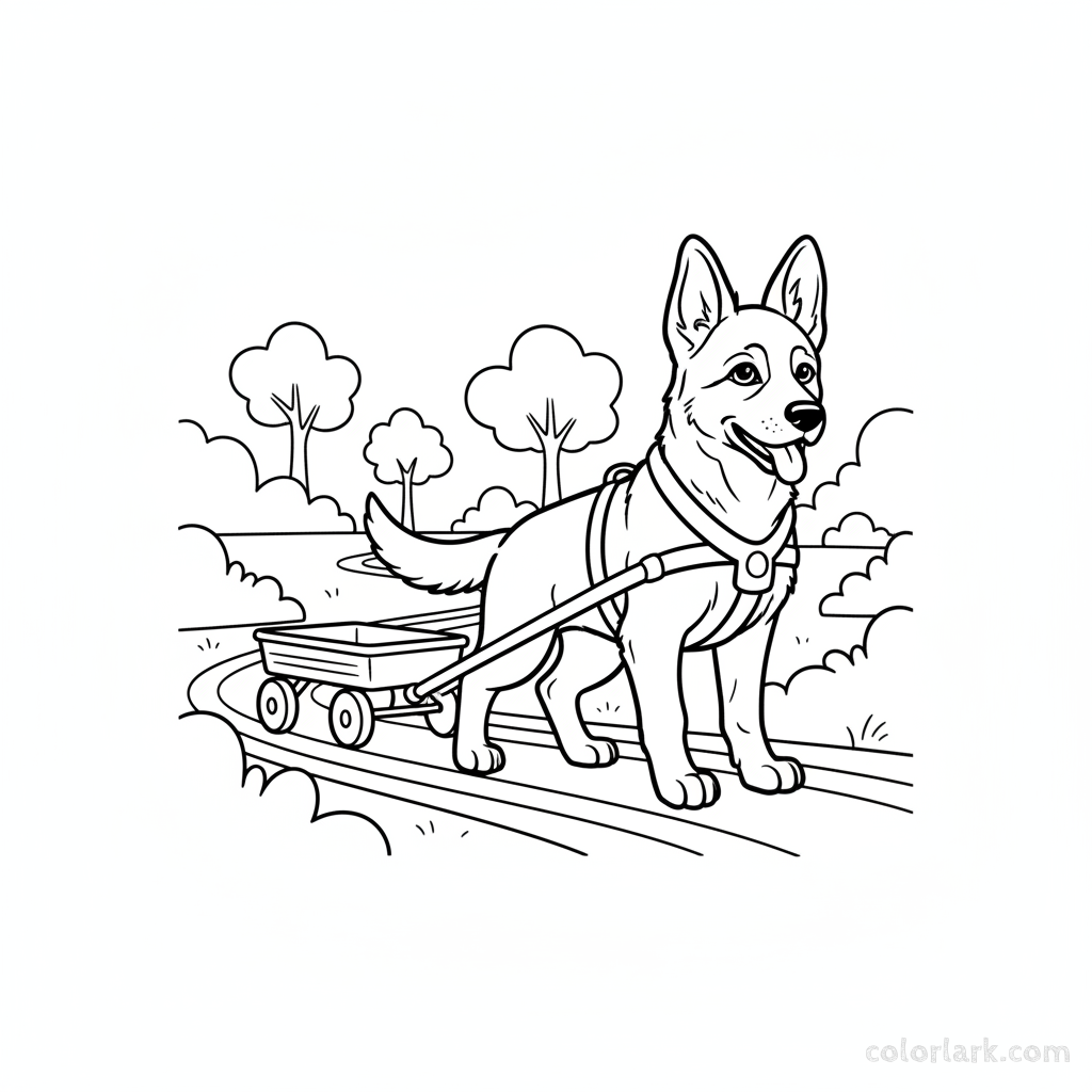 Black and white line art of a German Shepherd puppy harnessed to and pulling a small toy wagon.