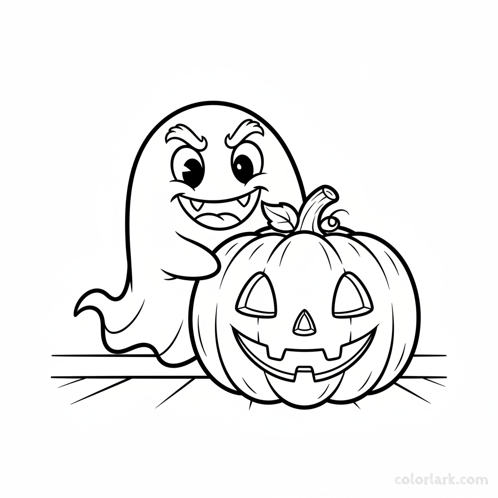 Black and white line art of a playful cartoon ghost playing hide-and-seek with a jack-o'-lantern pumpkin, Halloween coloring page.