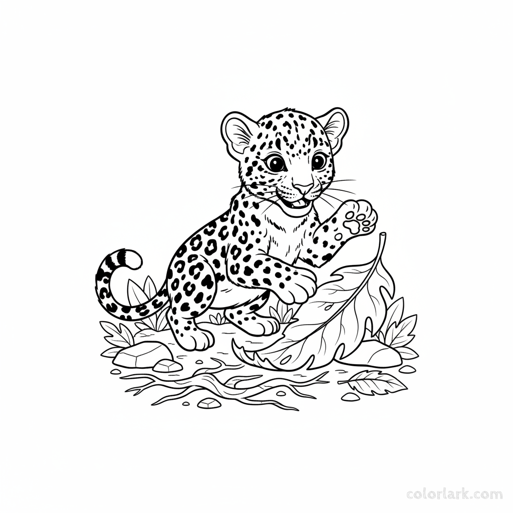 Playful Indian leopard cub swatting at a fallen leaf coloring page.
