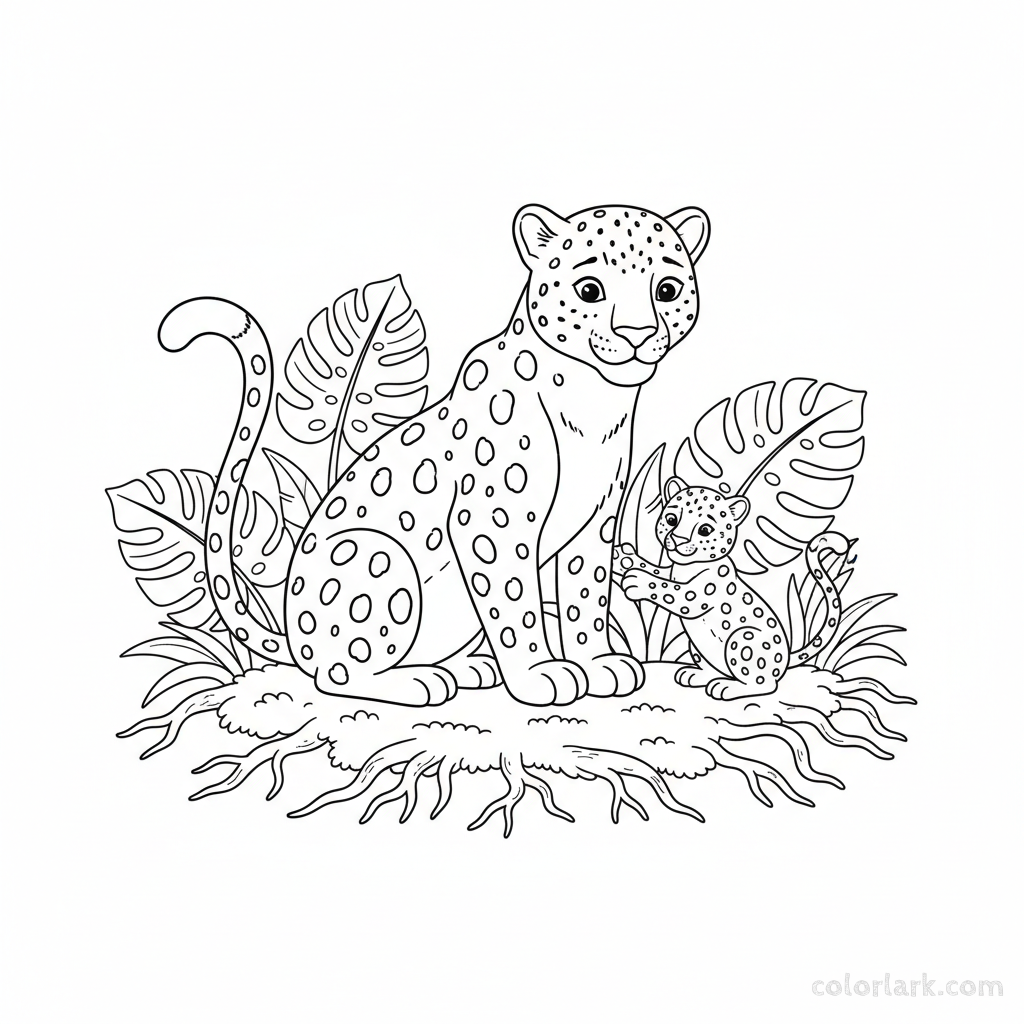 Playful Indian leopard cub with mother coloring page