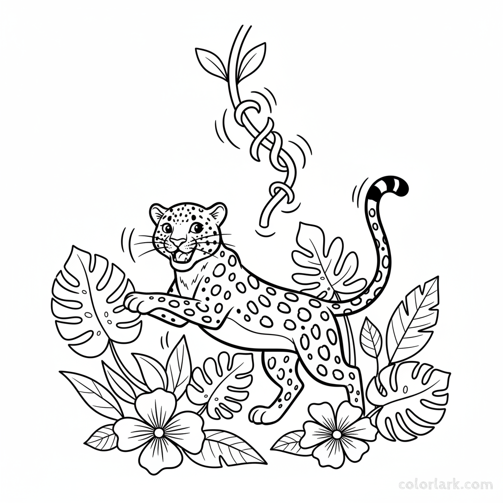 Indian Leopard coloring page, swatting vine, free printable activity