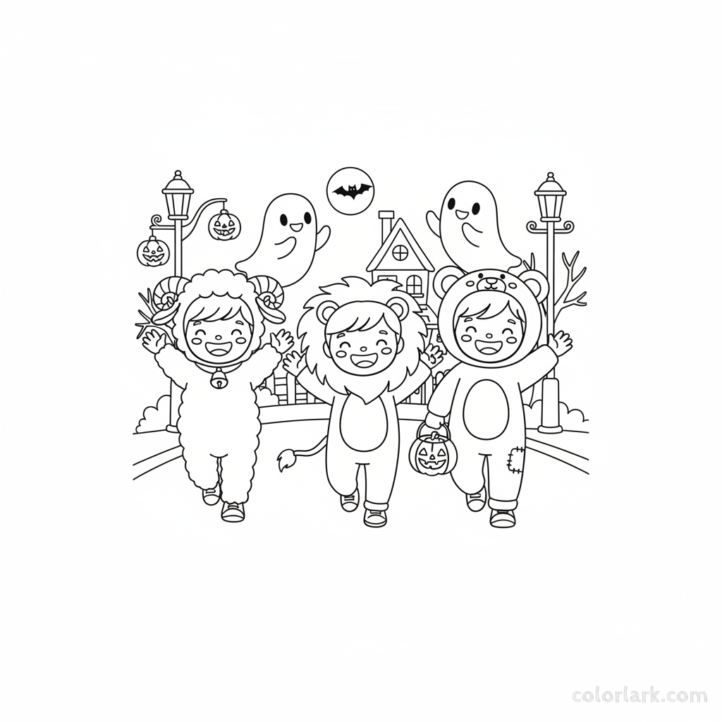Black and white line art of playful children in animal costumes having a Halloween parade, kids coloring page.