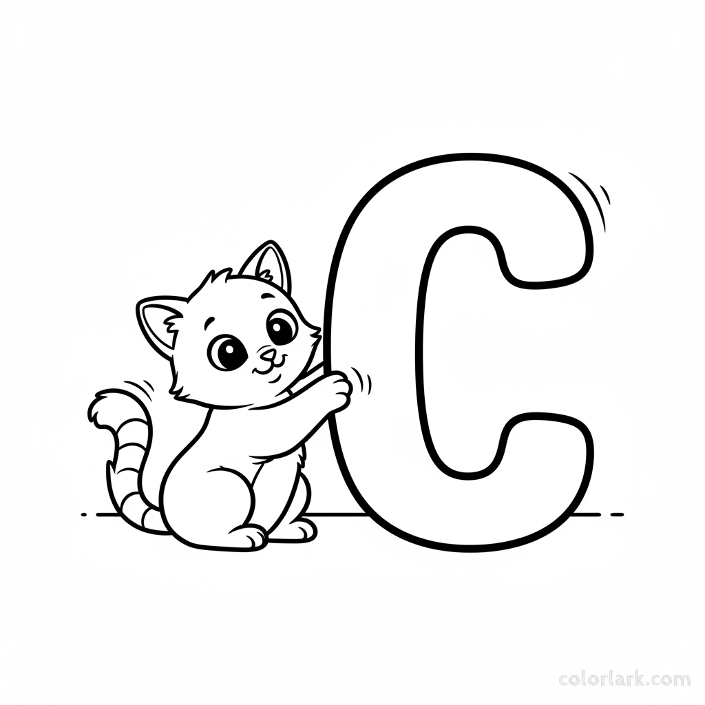 Black and white line art of a playful kitten batting at the letter C.