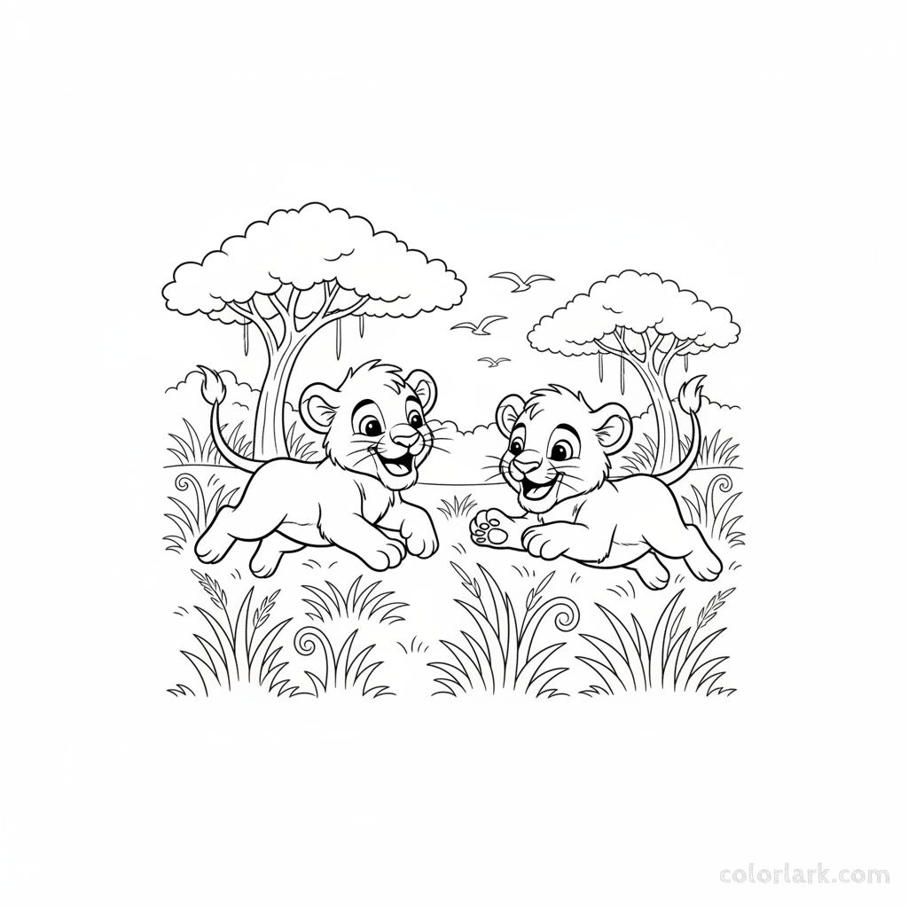 Black and white line art of playful lion cubs chasing each other in grassy Indian jungle