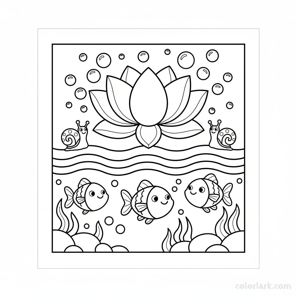 Black and white line art for kids, showing a playful lotus with bubbles and cartoon pond animals.