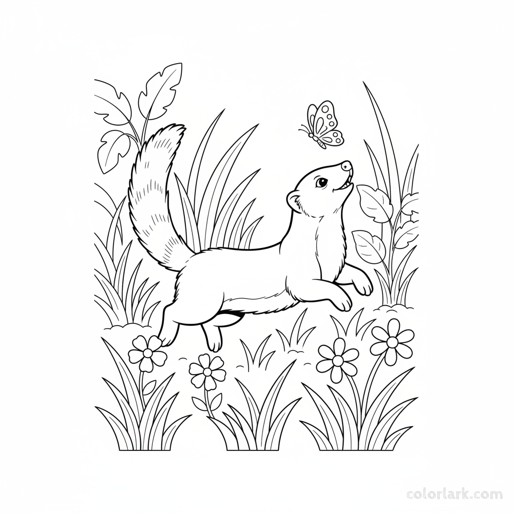 Black and white line art of an Indian Mongoose playfully chasing a butterfly through jungle grass.