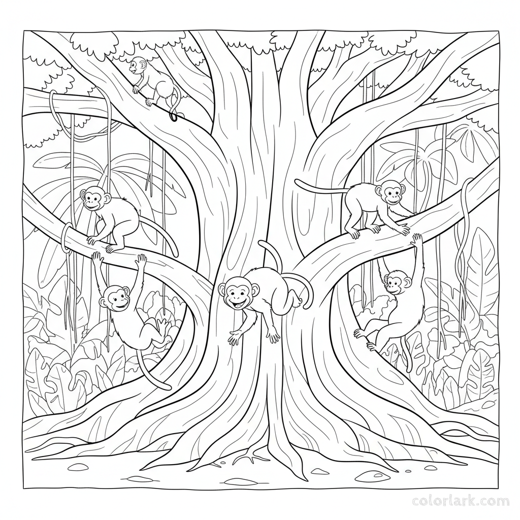 Black and white line art of playful monkeys swinging on giant tree roots in an Indian jungle