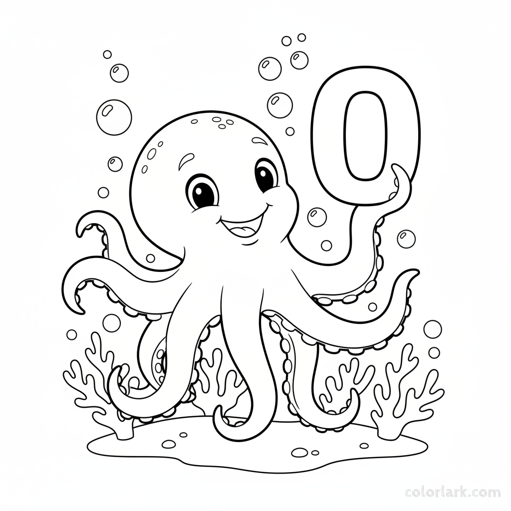 Black and white line art of a playful octopus holding the letter O underwater.