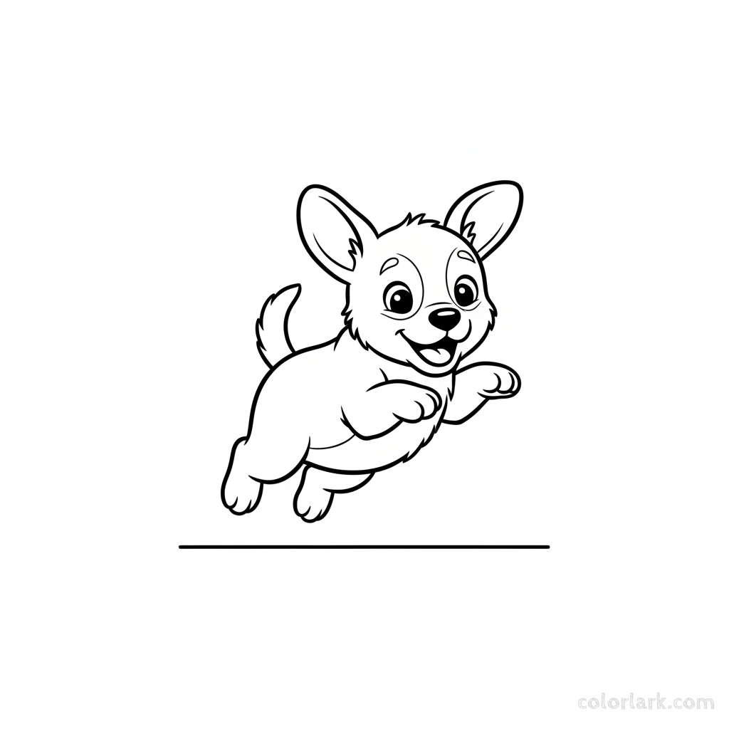 Black and white line art of a playful puppy bouncing upwards with all paws off the ground, suitable for Indian children to color.