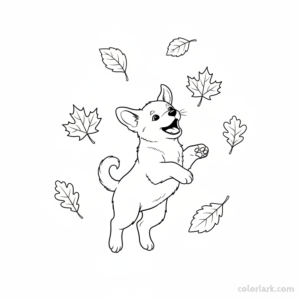 Black and white line art of a playful puppy leaping and trying to catch single autumn leaves falling around it, for Indian children.