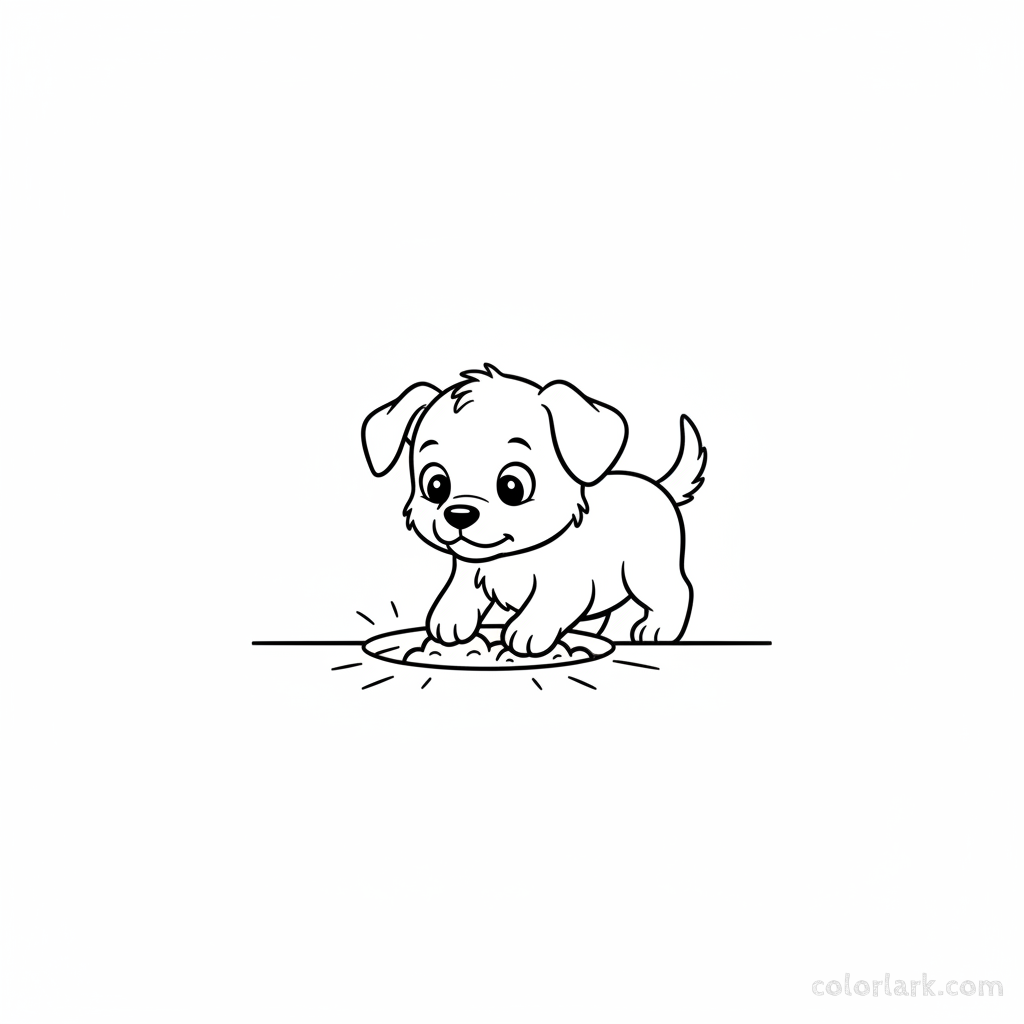 Black and white line art of a playful puppy digging a tiny hole, an easy coloring page for Indian toddlers.