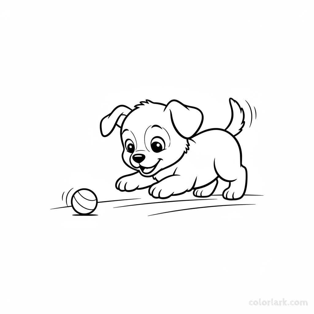 Black and white line art of a playful puppy curiously observing a small rolling stone, ideal for Indian toddlers to color.