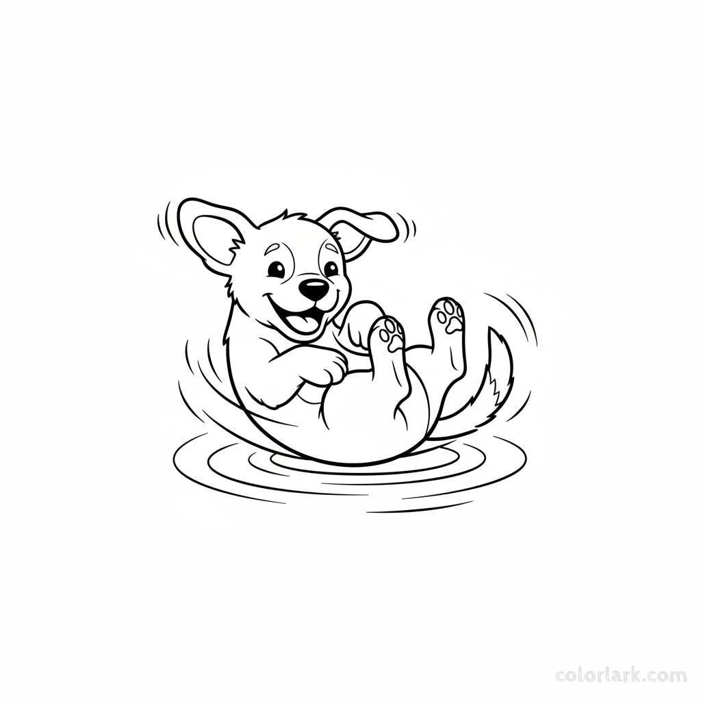 Black and white line art of a playful puppy doing a dynamic rolling-side spin on the ground, an easy coloring sheet for kids in India.