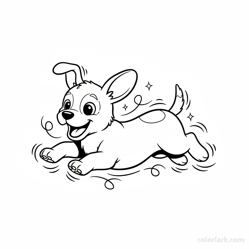 Black and white line art of a playful puppy doing an exaggerated, wiggly run, an easy coloring sheet for kids in India.