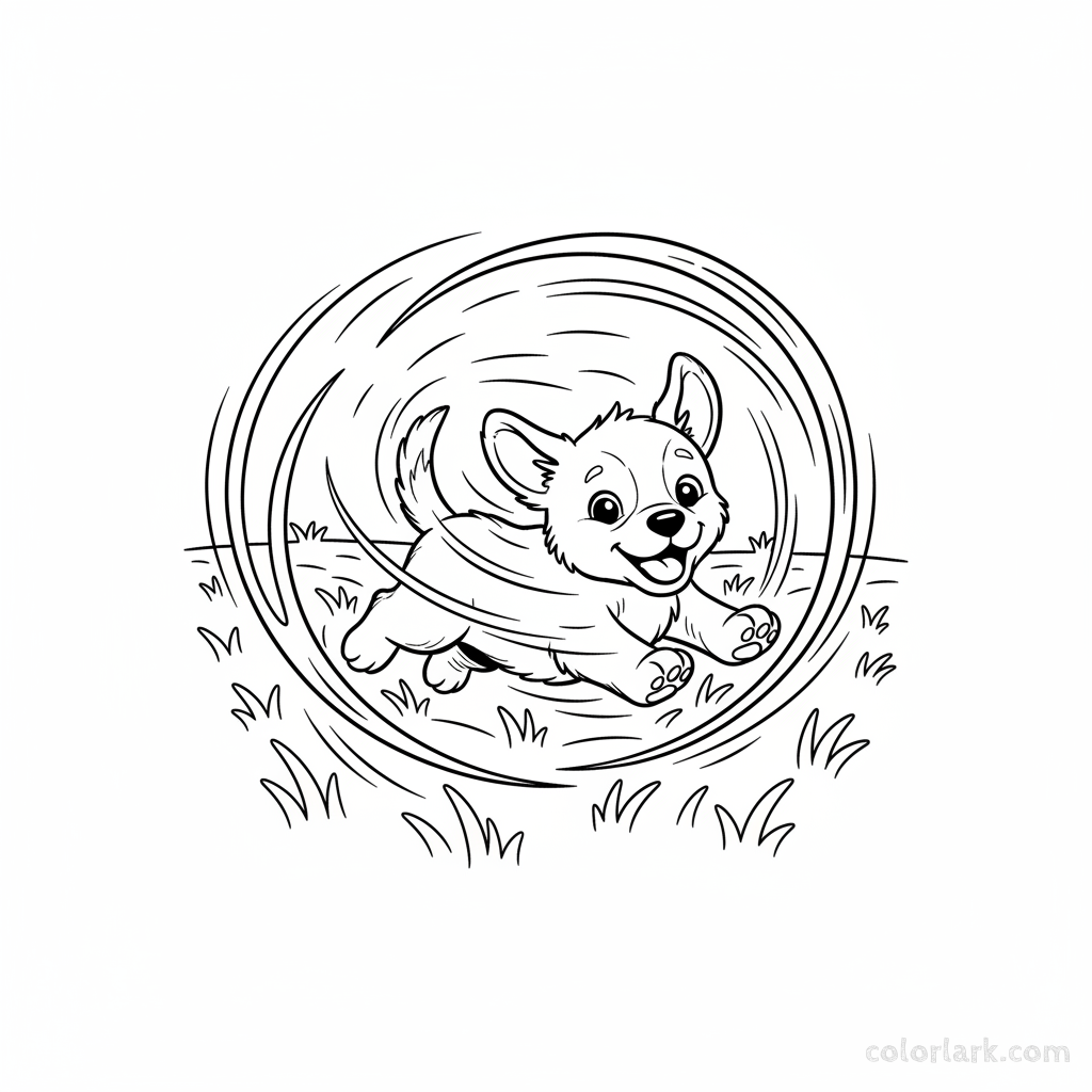 A black and white line art illustration of a playful puppy doing zoomies (running fast in circles) in an open field, for Indian learners.