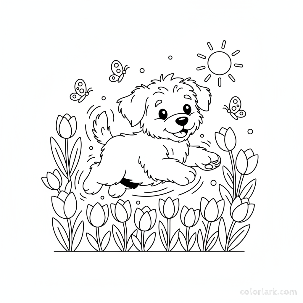 Line art illustration of a playful puppy bounding through a field of blooming tulips