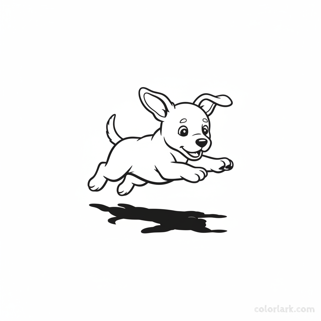 Black and white line art of a playful puppy gracefully leaping over its own shadow, an easy coloring sheet for Indian learners.