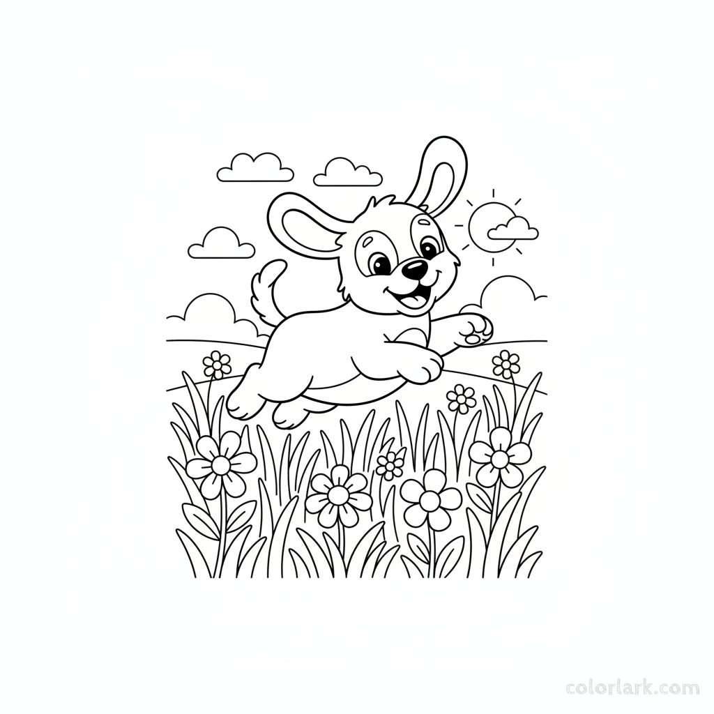 A simple black and white line art illustration of a playful puppy leaping through a meadow, suitable for coloring by kids in India.