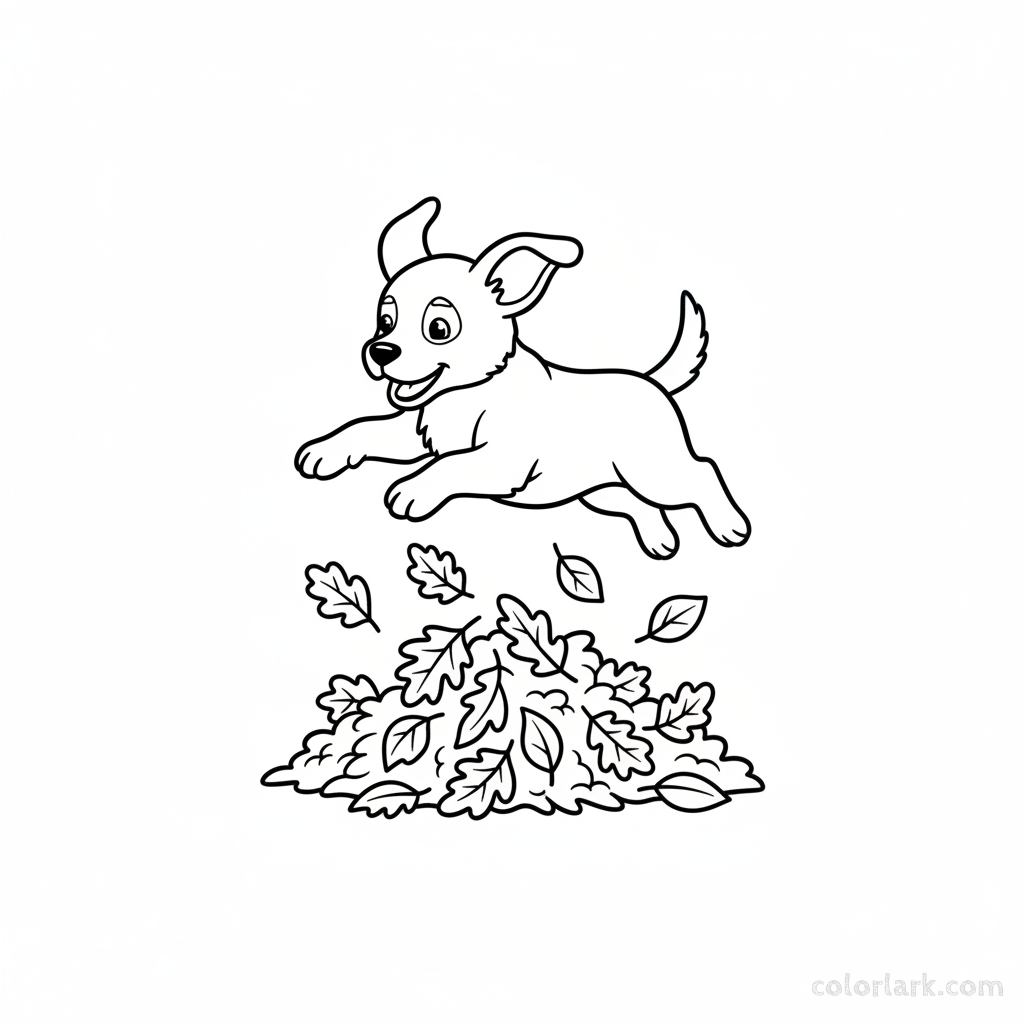 Black and white line art of an energetic puppy leaping into a small pile of simple autumn leaves, easy.