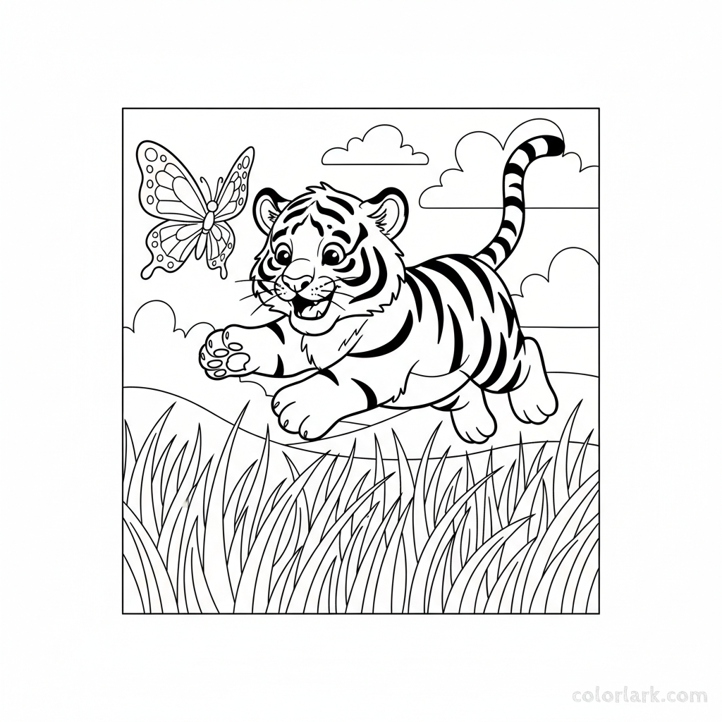 Black and white line art coloring page of a playful tiger cub pouncing after a butterfly.