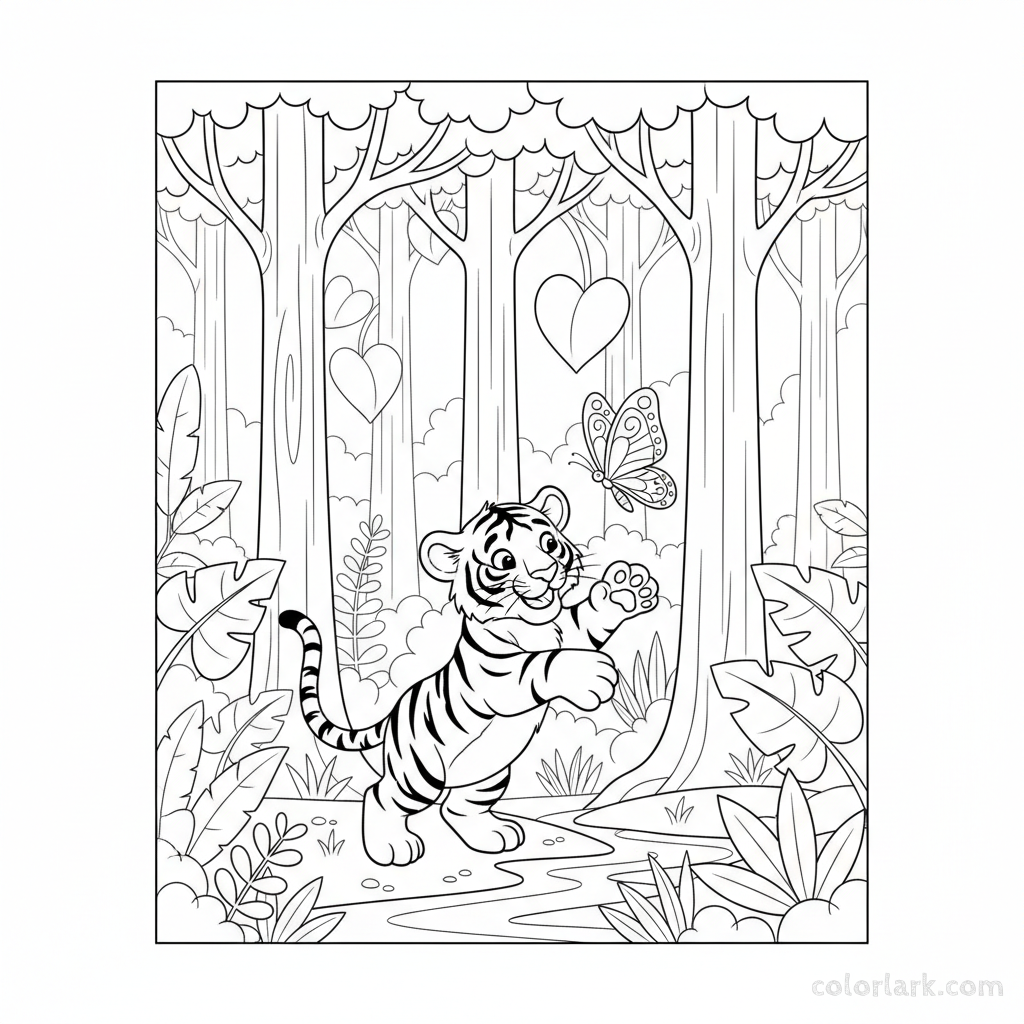 Black and white line art of a playful tiger cub chasing a butterfly in a jungle