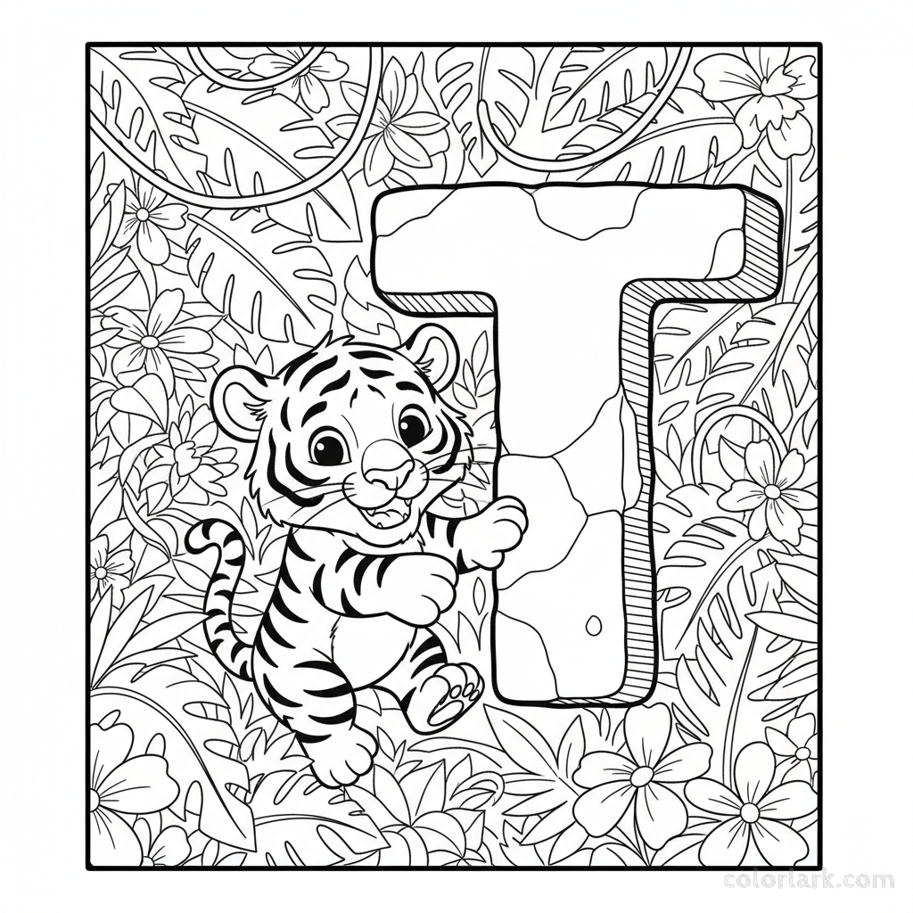 Black and white line art of a playful tiger cub pouncing on the letter T.