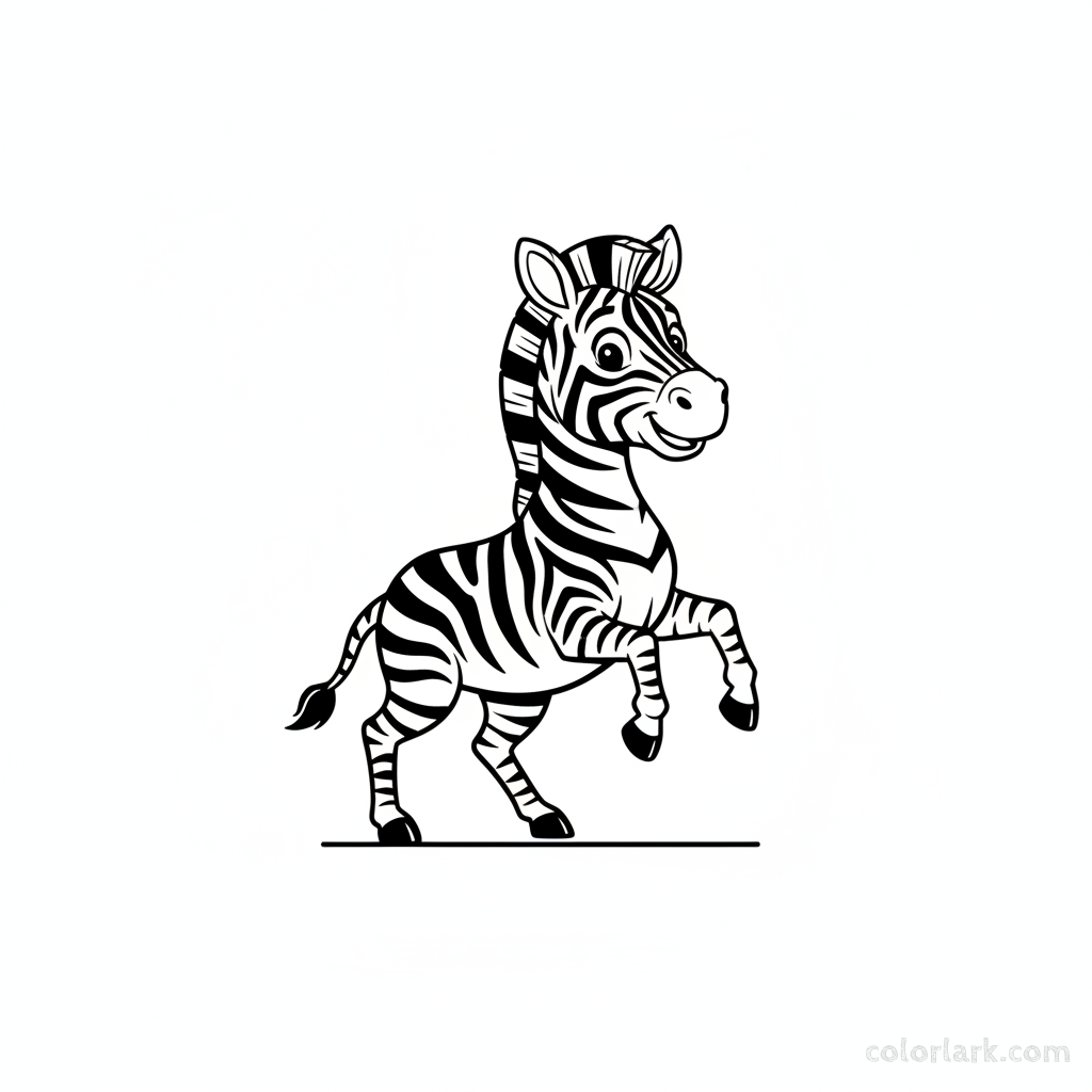 Black and white line art of a playful zebra with one hoof lifted, simplified for easy coloring by kids.