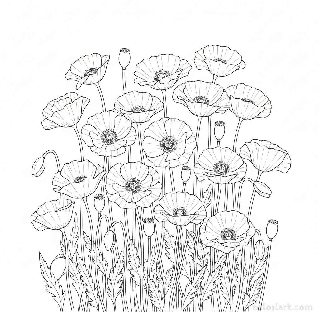 Black and white line art of a simple poppy field with several flowers in bloom, slender stems, and leaves.