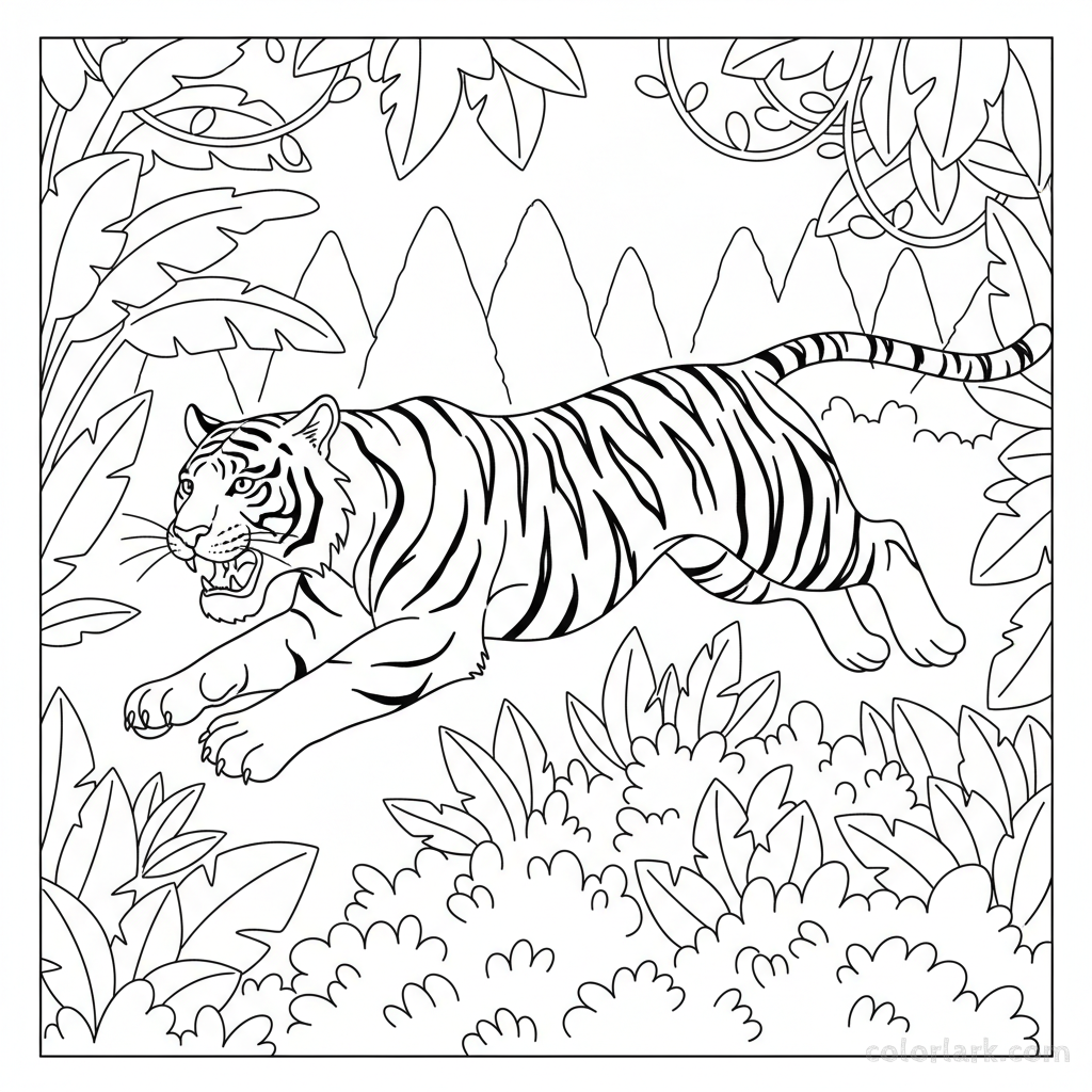 Black and white line art of a powerful Bengal tiger leaping over a small bush in an Indian jungle