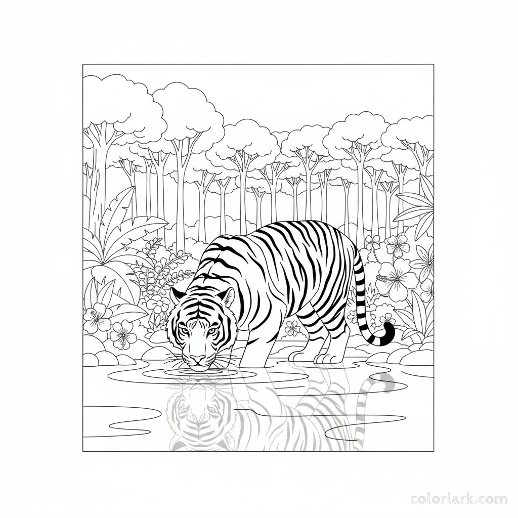 Indian tiger drinking water at a river coloring page - free printable