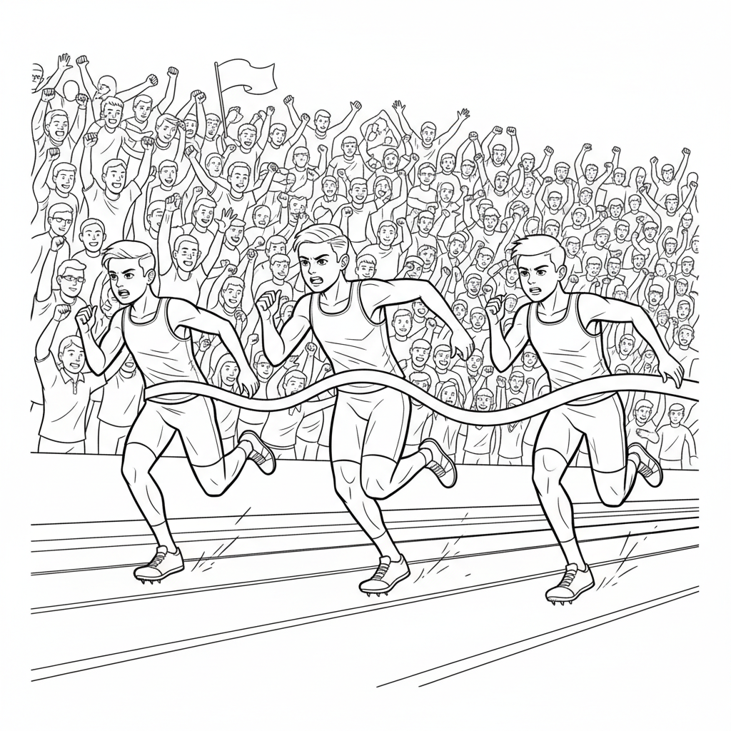 Line art of pre-teen athletes sprinting to a finish line with a stadium cheering crowd