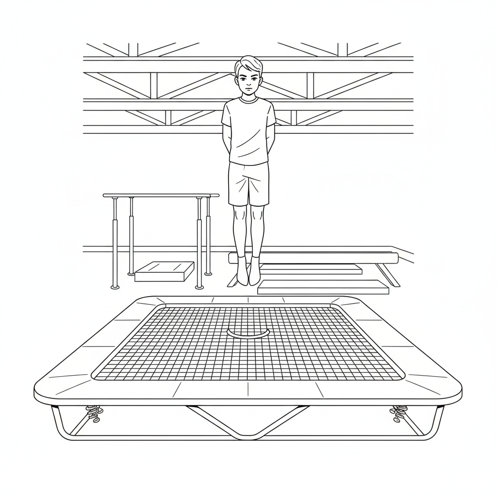 Black and white line art of a pre-teen kid practicing controlled jumps on a gym trampoline at a kids fitness center.