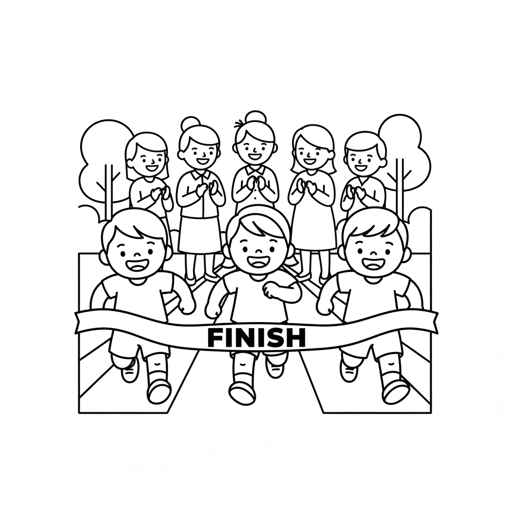 Line art of preschool kids in a fun run, nearing the finish line with cheering adults