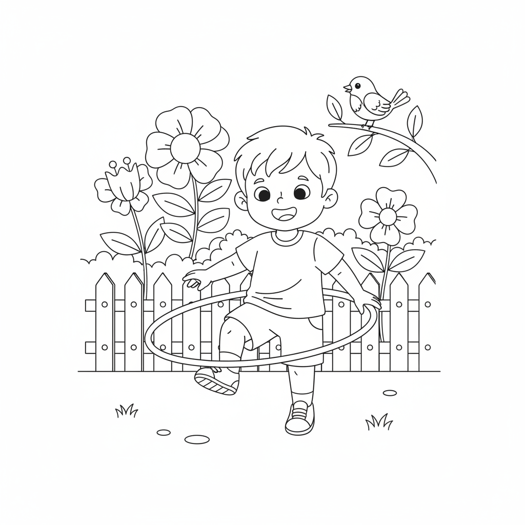 Line art of a preschooler enjoying hula hoop playtime in a garden