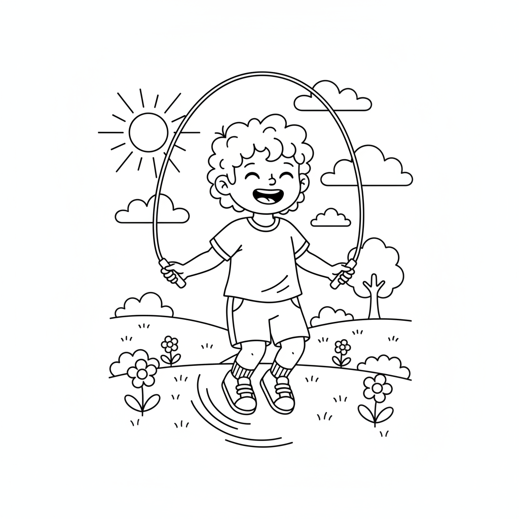 Line art of a preschooler enjoying skipping rope play in the sun