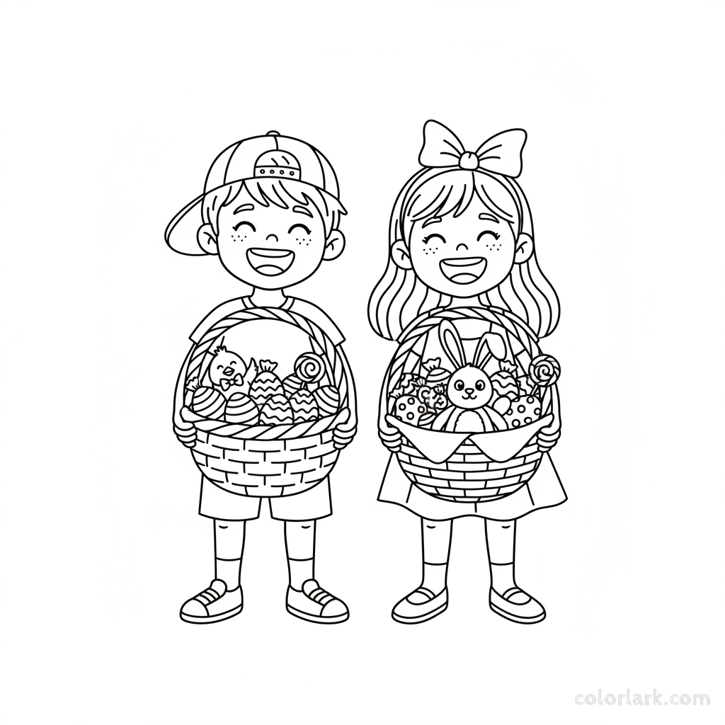 Black and white line art of two children proudly holding up their overflowing Easter baskets with smiles.