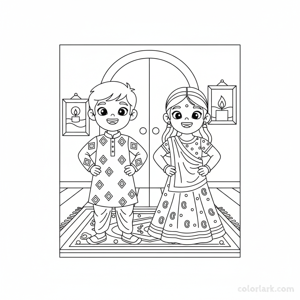 Proud children showing off their new sparkling Diwali outfits to family with beaming smiles, black-and-white line art
