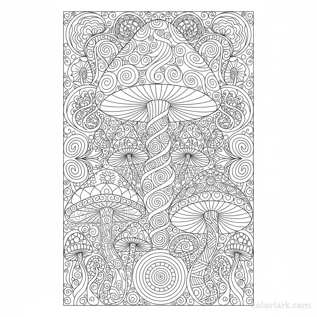 Black and white line art of an abstract psychedelic mushroom design with swirling patterns and geometric shapes, for adult coloring.