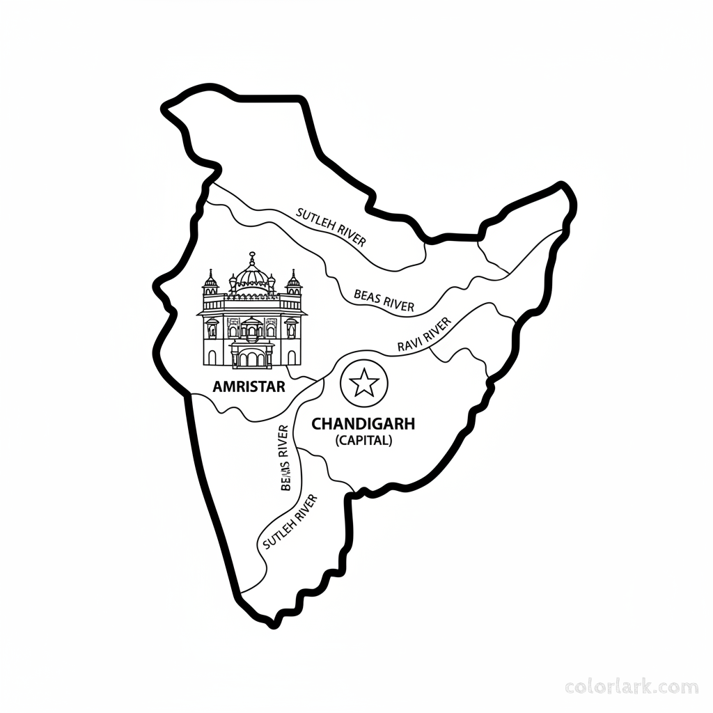 Line art coloring map of Punjab state, featuring the Golden Temple landmark and major rivers like Sutlej and Beas.
